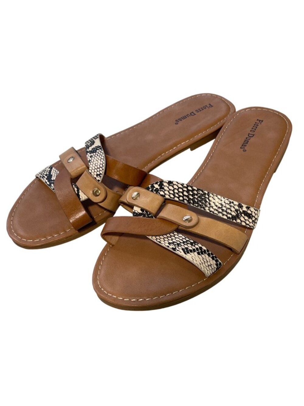 Pierre Dumas Azul 13 Strappy Flat Sandal Sz 7.5 Snakeskin Print Faux Leather NEW